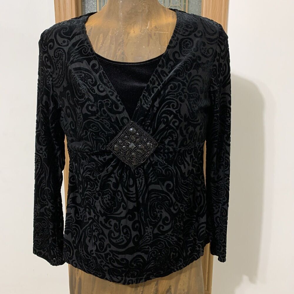 Notations Velour Velvety Beaded Black Blouse Top Medium Petite